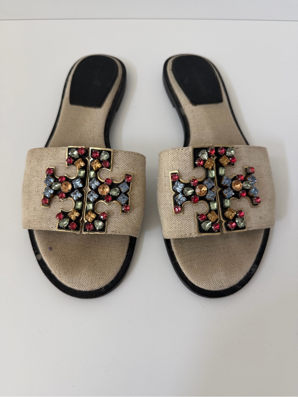 Tory Burch 10mm Ines Embellished Linen Slides in Neutral, Size 7 - Picture 1 of 9